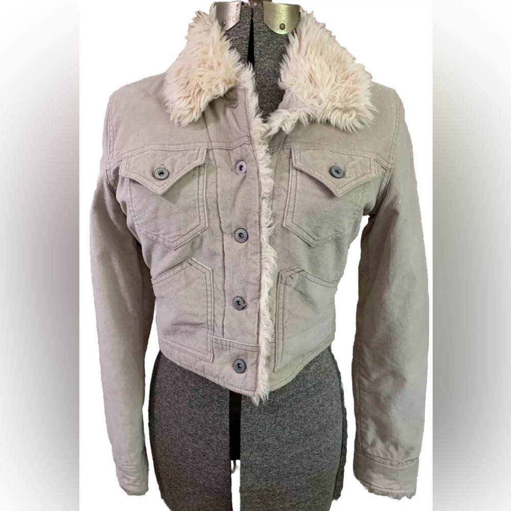 Trucker Jacket Medium Tan Cropped Faux Fur Cotton Outer Retro Penny Lane - Picture 2 of 11